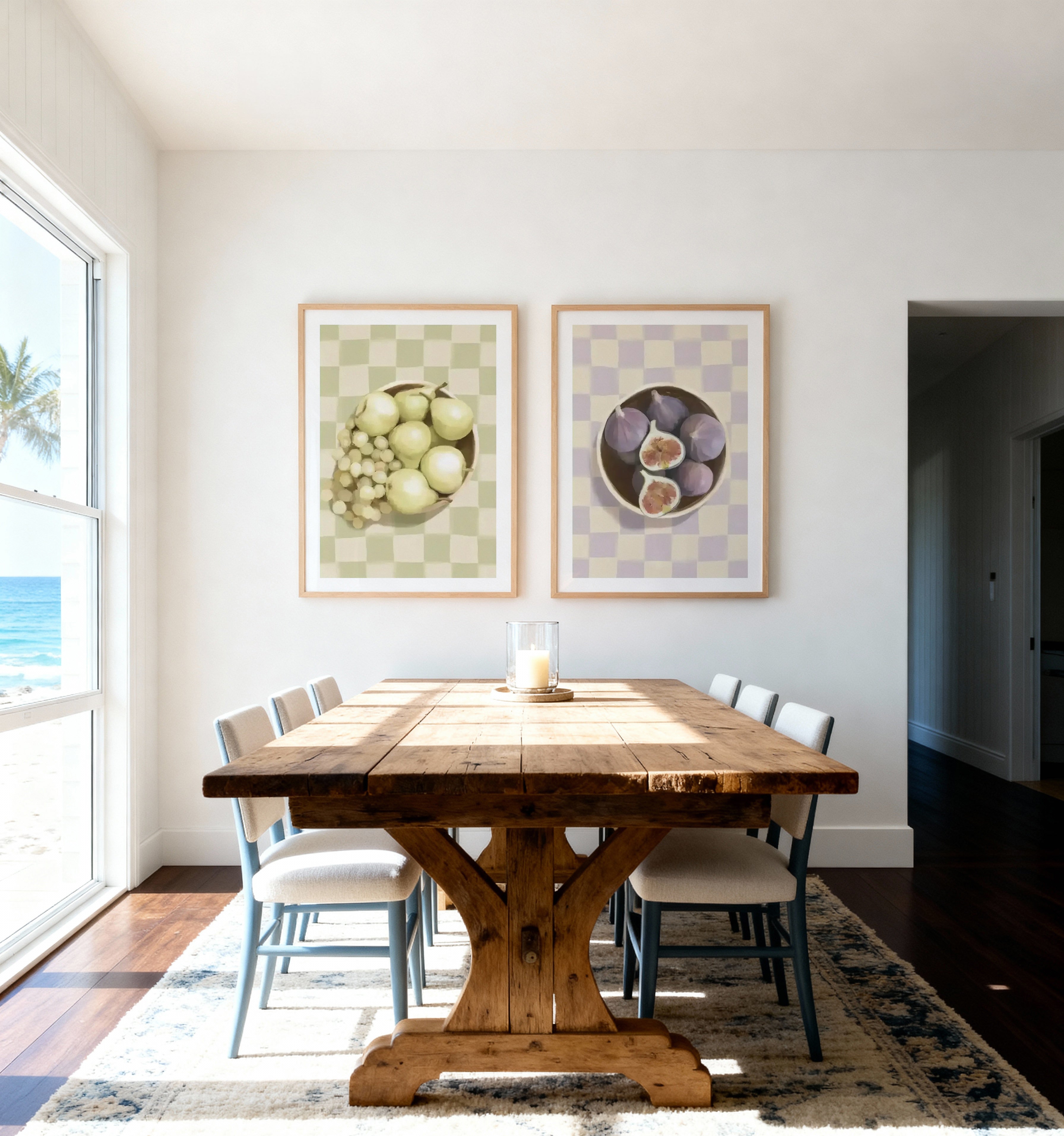 Fruit Bowl & Bowl of Figs on Check Art Print Set of 2 | Matching Wall Art