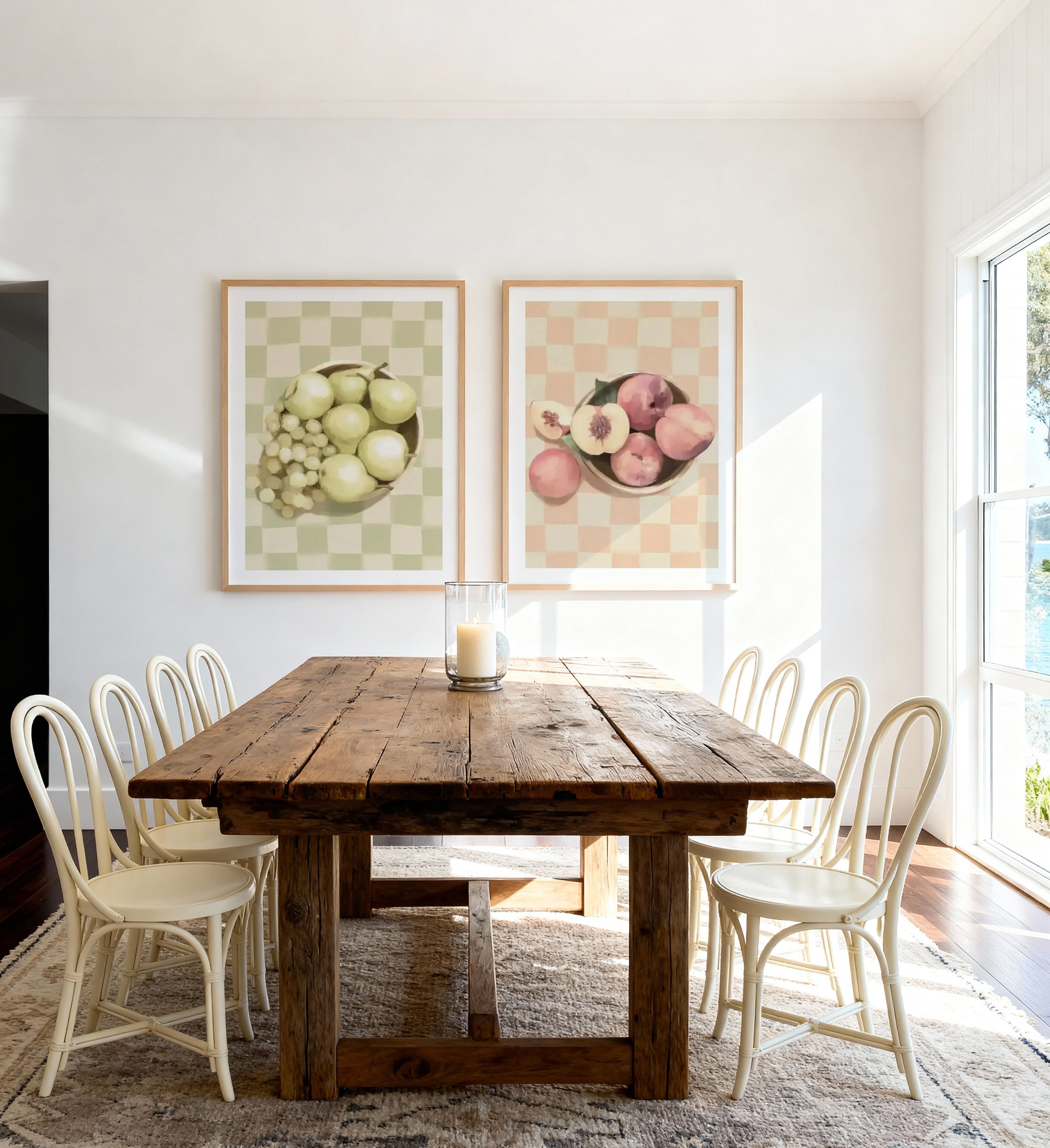 Fruit Bowl & Simply Peach on Check Art Print Set of 2 | Matching Wall Art
