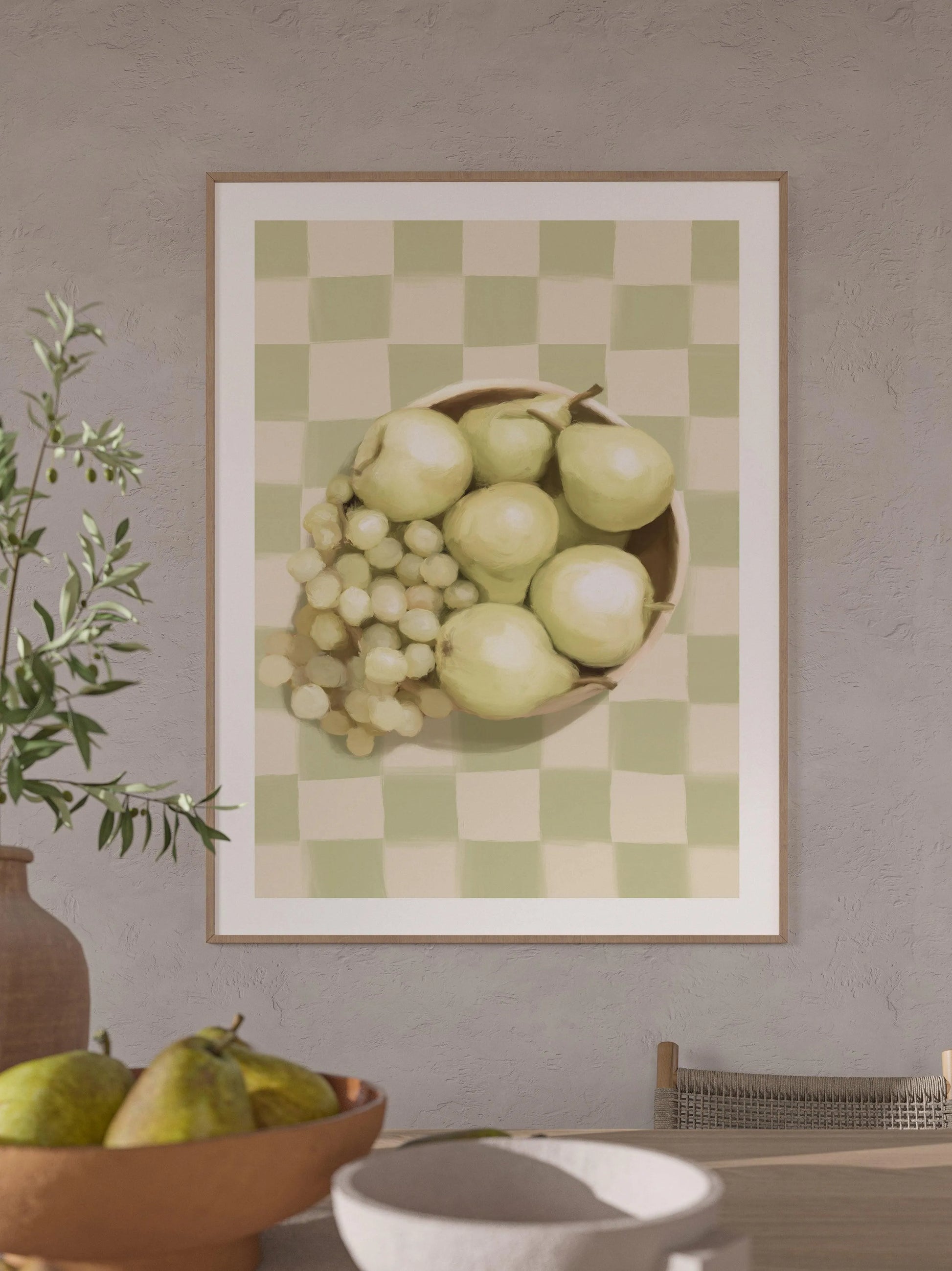 Fruit Bowl on Check | Art Print from Olive et Oriel where you can shop wallpaper and artworks online