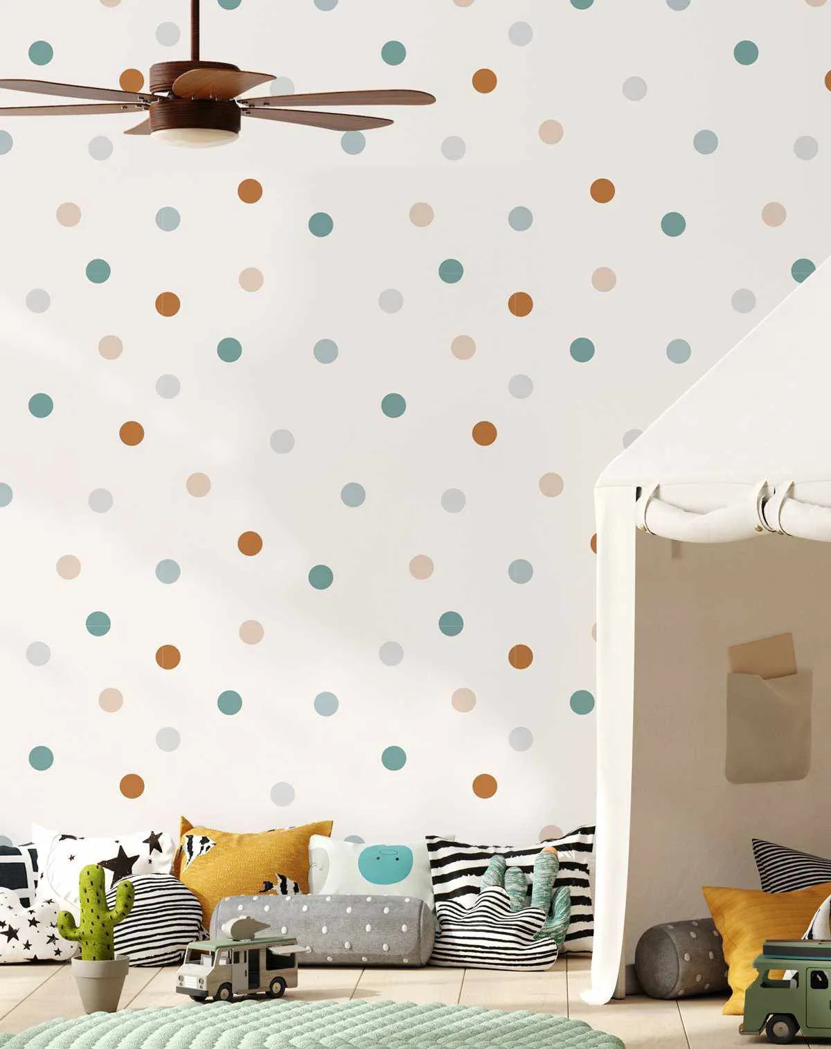 Fun Dots 'Noosa' Wallpaper-Wallpaper-Buy Kids Removable Wallpaper Online Our Custom Made Children√¢‚Ç¨‚Ñ¢s Wallpapers Are A Fun Way To Decorate And Enhance Boys Bedroom Decor And Girls Bedrooms They Are An Amazing Addition To Your Kids Bedroom Walls Our Collection of Kids Wallpaper Is Sure To Transform Your Kids Rooms Interior Style From Pink Wallpaper To Dinosaur Wallpaper Even Marble Wallpapers For Teen Boys Shop Peel And Stick Wallpaper Online Today With Olive et Oriel