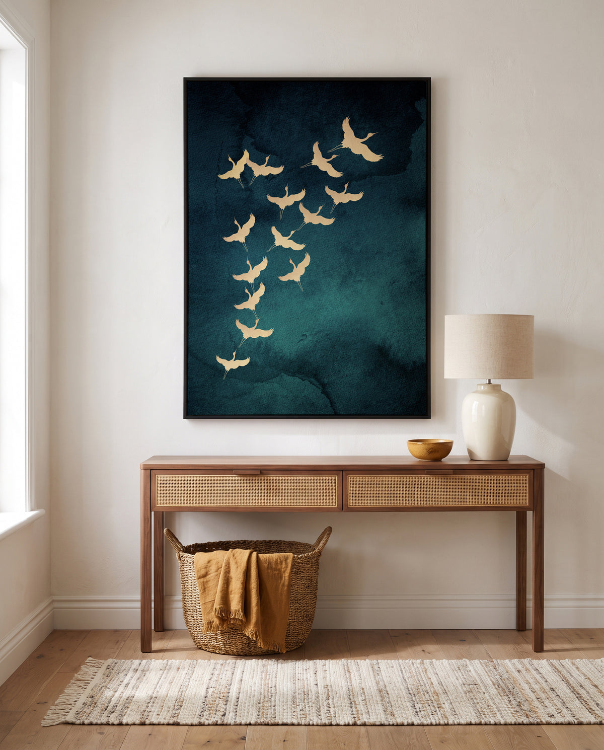 Graceful Golden Cranes by Aureous | Framed Canvas Art Print