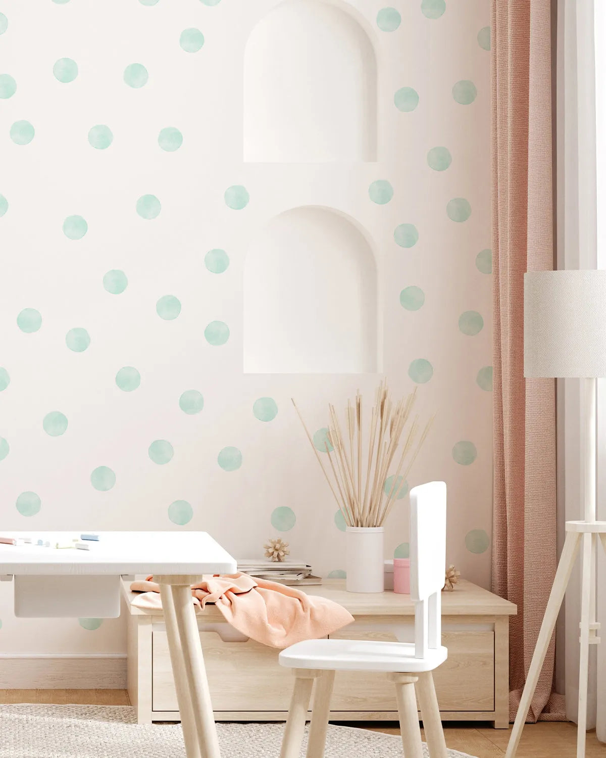 Sage Watercolour Dots Decal Set from Olive et Oriel where you can shop wallpaper and artworks online