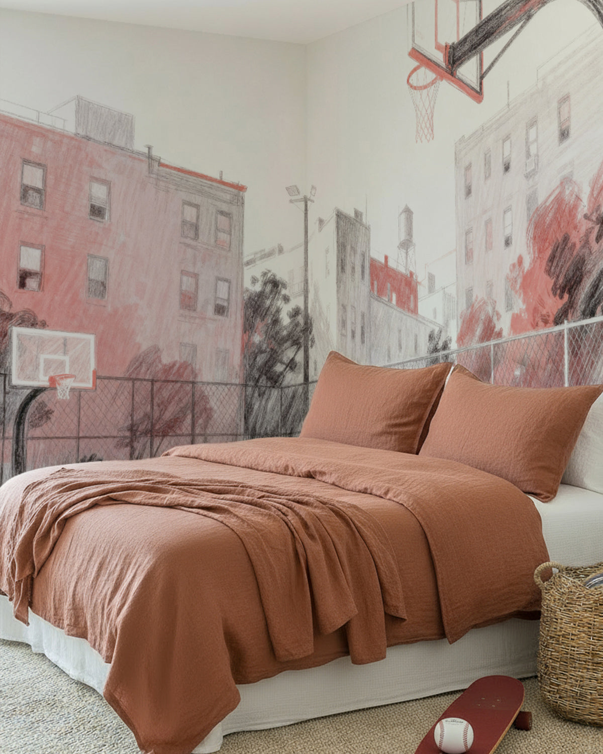 Hoop Hustle Basketball Mural in Red Wallpaper from Olive et Oriel where you can shop wallpaper and artworks online