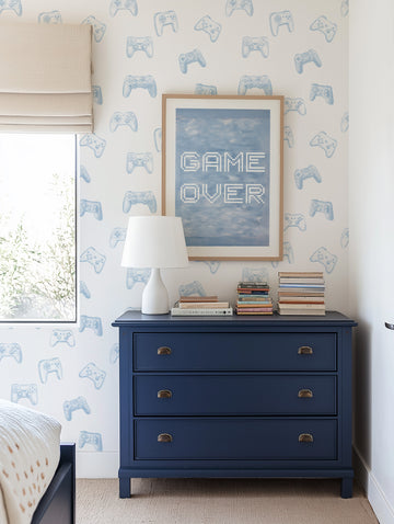 Game Over in Blue Wallpaper from Olive et Oriel where you can shop wallpaper and artworks online