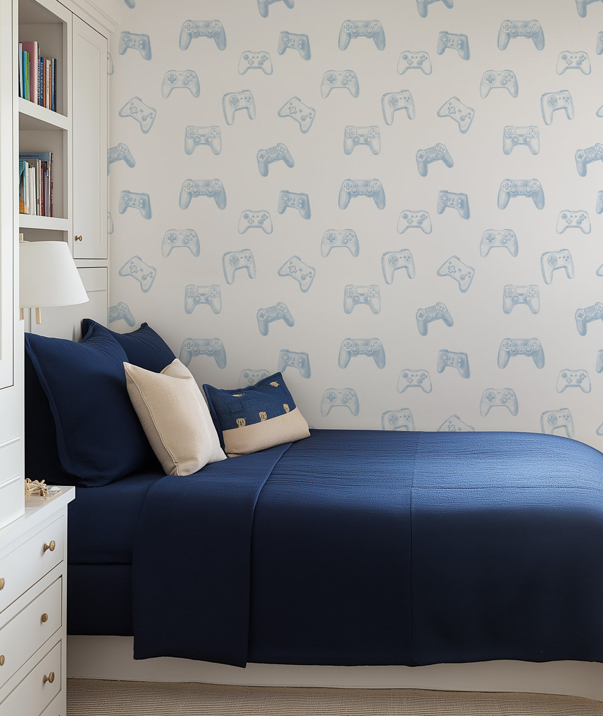Game Over in Blue Wallpaper from Olive et Oriel where you can shop wallpaper and artworks online
