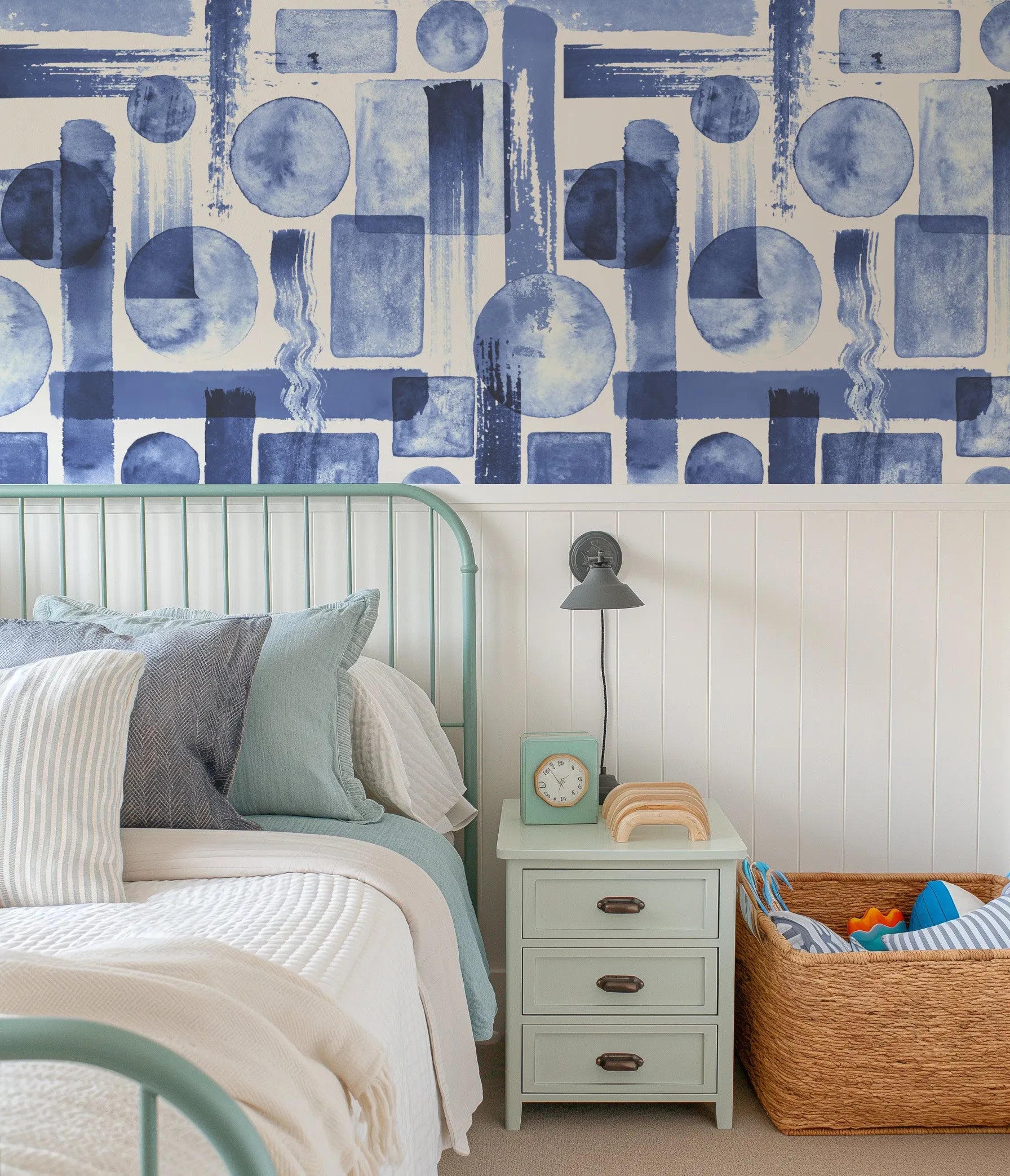 Geo Maze in Blue Wallpaper from Olive et Oriel where you can shop wallpaper and artworks online