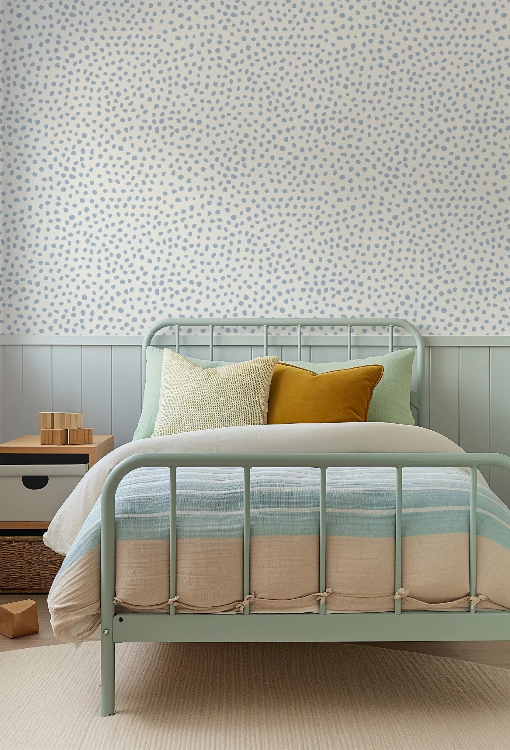 Gigi's Dots Wallpaper in Barely Blue from Olive et Oriel where you can shop wallpaper and artworks online