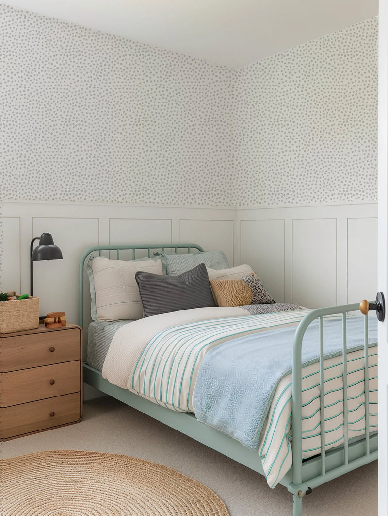 Gigi's Dots Wallpaper in Grey from Olive et Oriel where you can shop wallpaper and artworks online