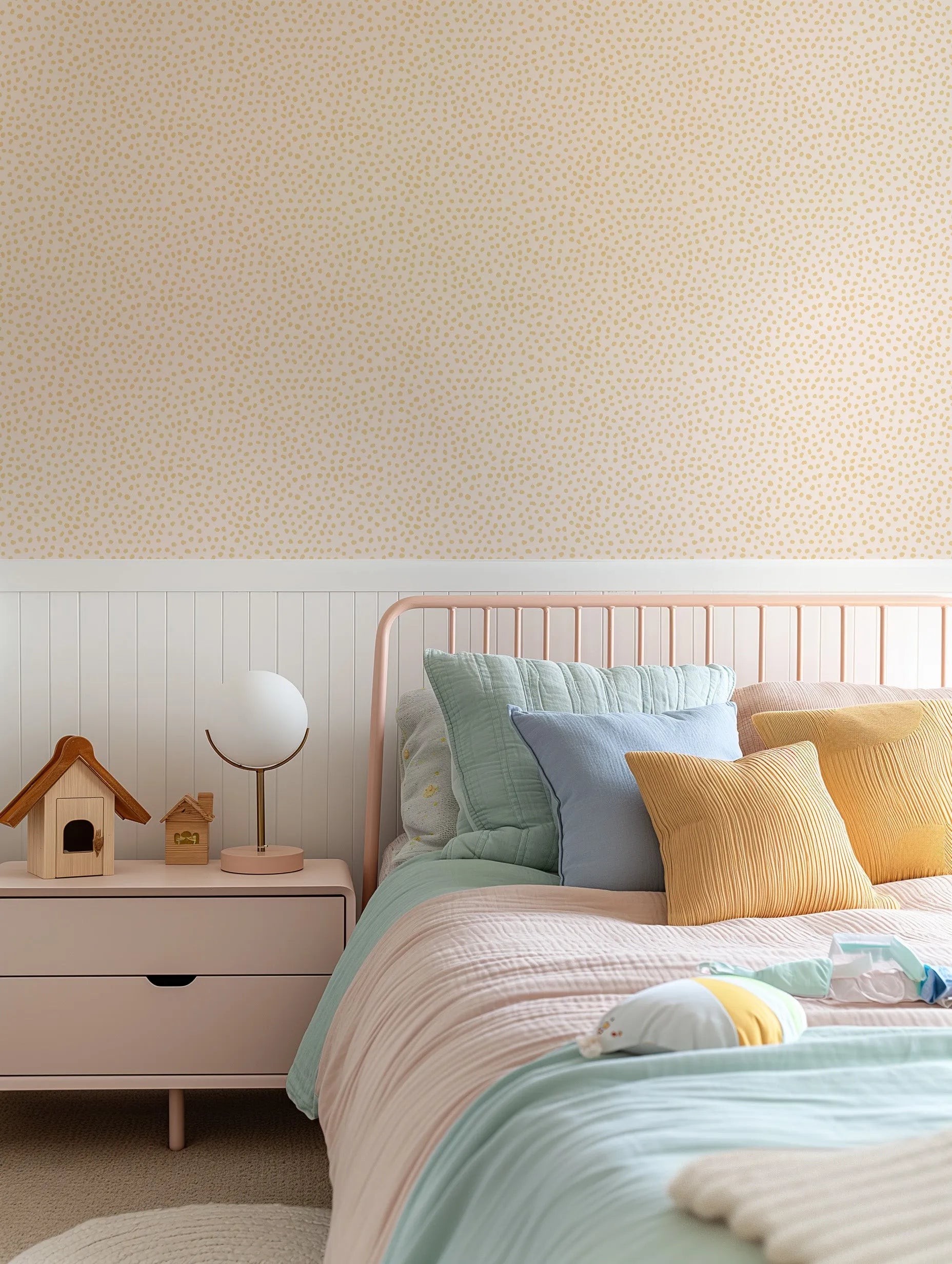 Gigi's Dots Wallpaper in Mustard from Olive et Oriel where you can shop wallpaper and artworks online