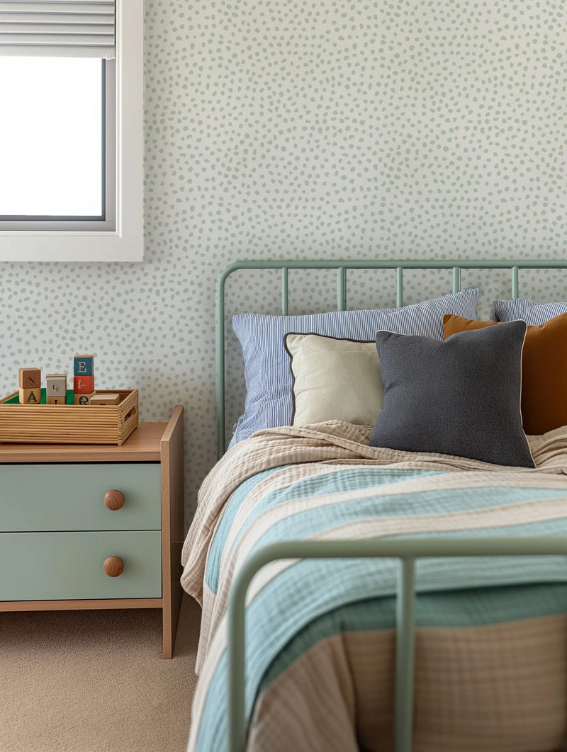 Gigi's Dots Wallpaper in Sage from Olive et Oriel where you can shop wallpaper and artworks online