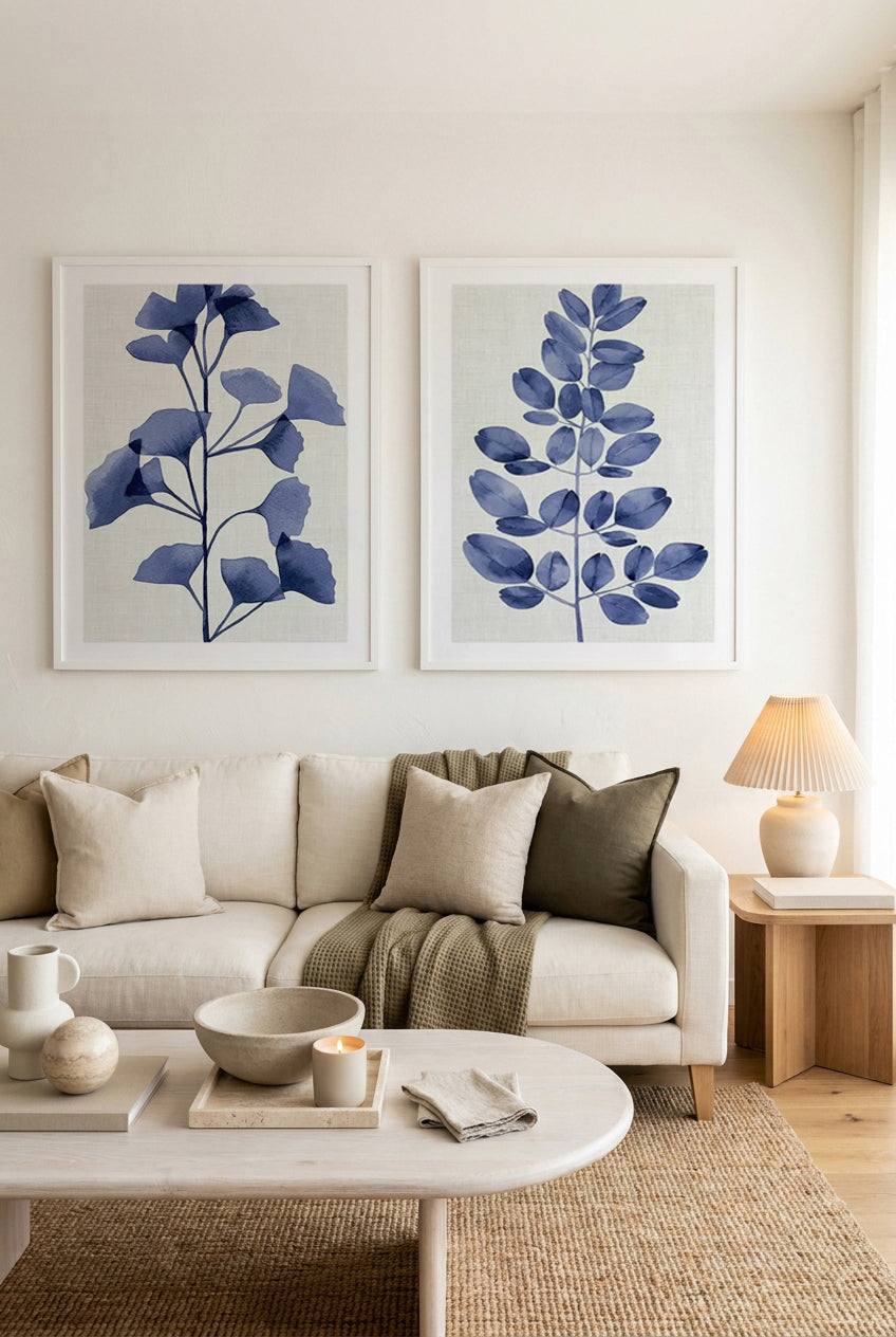 Gingko Navy & Simple Leaf Art Print Set of 2 | Matching Wall Art