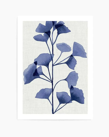 Watercolour art print featuring a vertical branch with multiple ginkgo leaves in varying shades of deep navy blue, with some leaves overlapping to create darker tones, set against a textured off-white background.