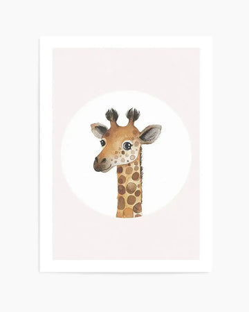 Watercolour art print featuring a charming illustration of a baby giraffe's head and neck, with soft brown spots and large, expressive eyes, set against a clean white circular background. The giraffe has small, dark ossicones and a gentle smile, rendered with a loose, painterly quality.