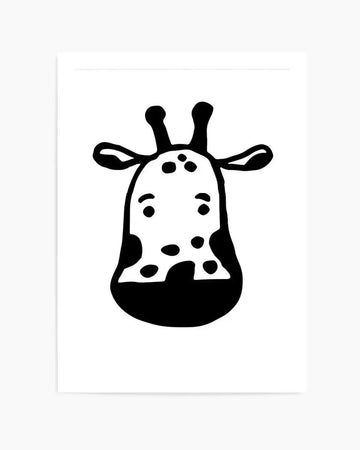Art print featuring a hand-drawn illustration of a giraffe's head in black and white. The giraffe has large, expressive eyes, two ossicones, and a spotted pattern on its face and neck, with a playful and minimalist aesthetic.
