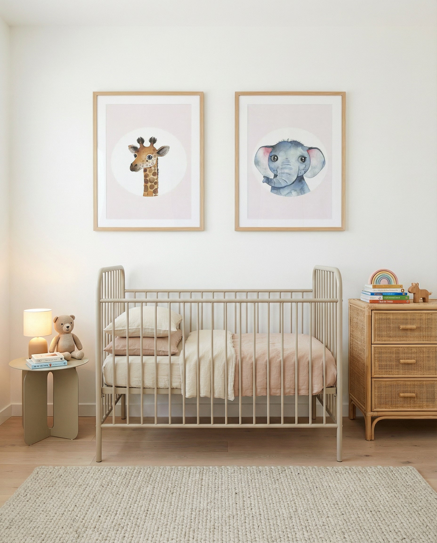 Giraffe & Elephant Art Print Set of 2 | Matching Wall Art
