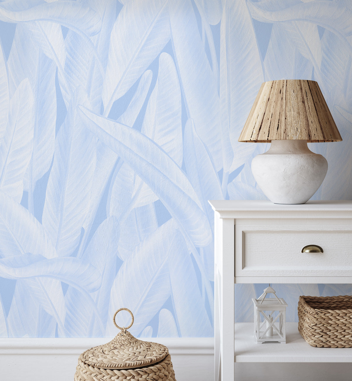 Gold Coast Palm in Light Blue Wallpaper from Olive et Oriel where you can shop wallpaper and artworks online