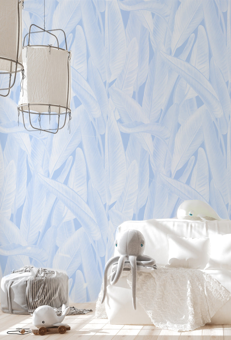 Gold Coast Palm in Light Blue Wallpaper from Olive et Oriel where you can shop wallpaper and artworks online