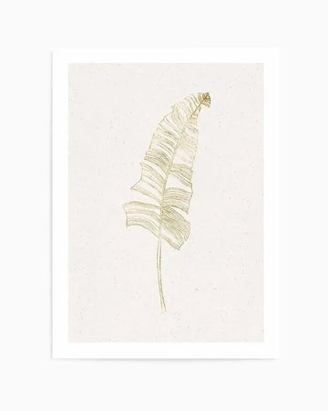 Art Print:
Line art print featuring a single palm leaf in metallic gold on a textured cream background. The leaf is depicted with fine, delicate lines, showcasing its natural folds and a slightly curled tip. The background has a subtle speckled texture, giving it a vintage or handmade paper feel.