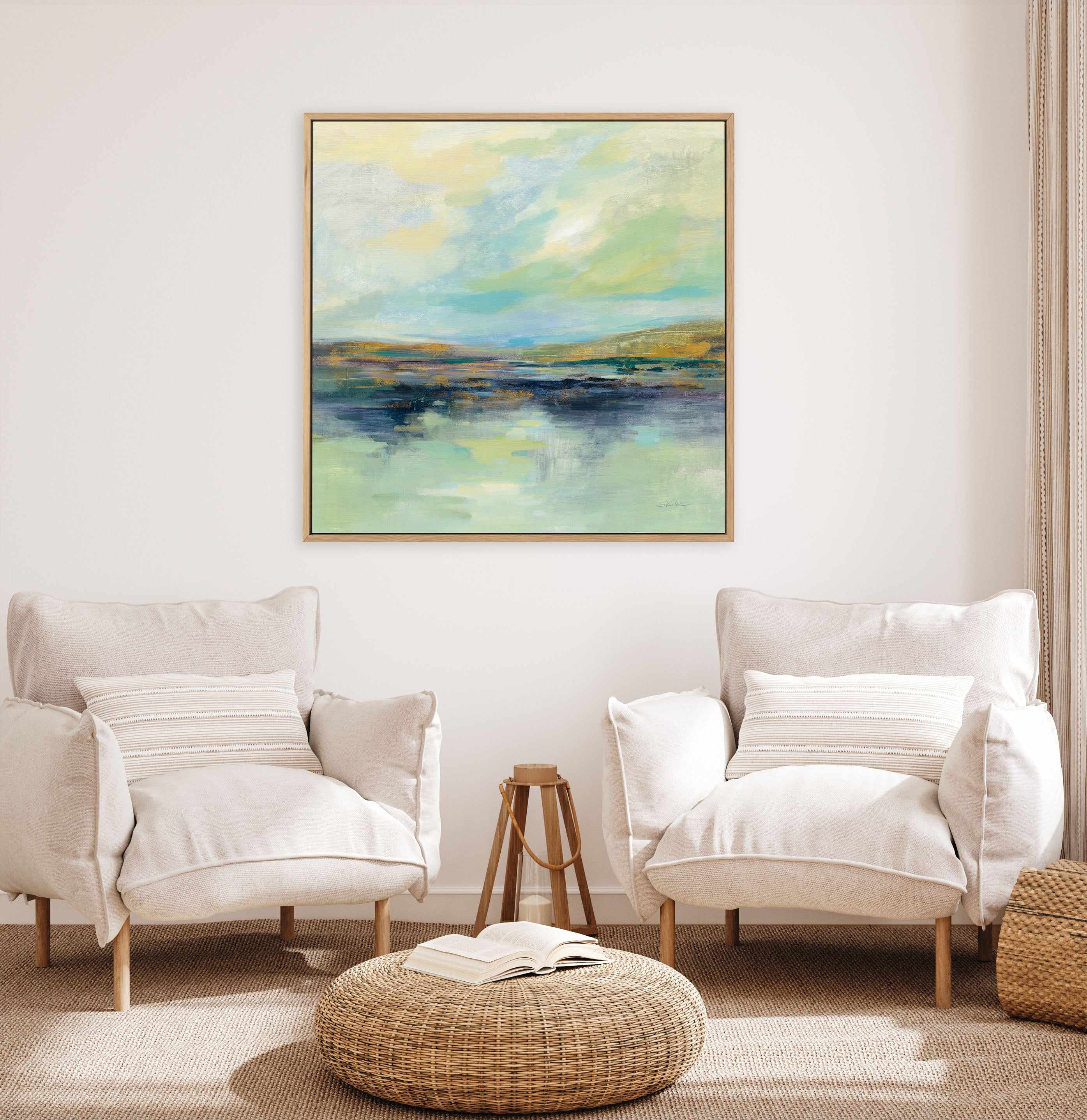 Golden Fields By The River | Framed Canvas Art Print