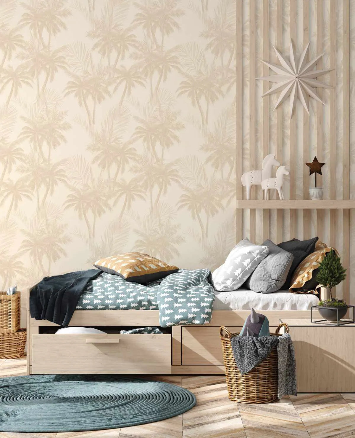 "Golden Palms wallpaper featuring a repeating pattern of palm trees in a light beige tone on a cream background, creating a subtle tropical design. The wallpaper is displayed in a child's bedroom with a light wood bed, a round blue rug, and various decorative items like a star ornament and horse figurines."