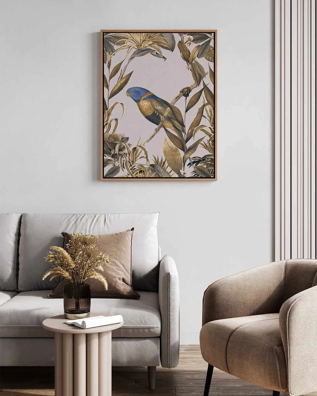 Golden Parakeet Paradise | Framed Canvas Art Print from Olive et Oriel where you can shop wallpaper and artworks online