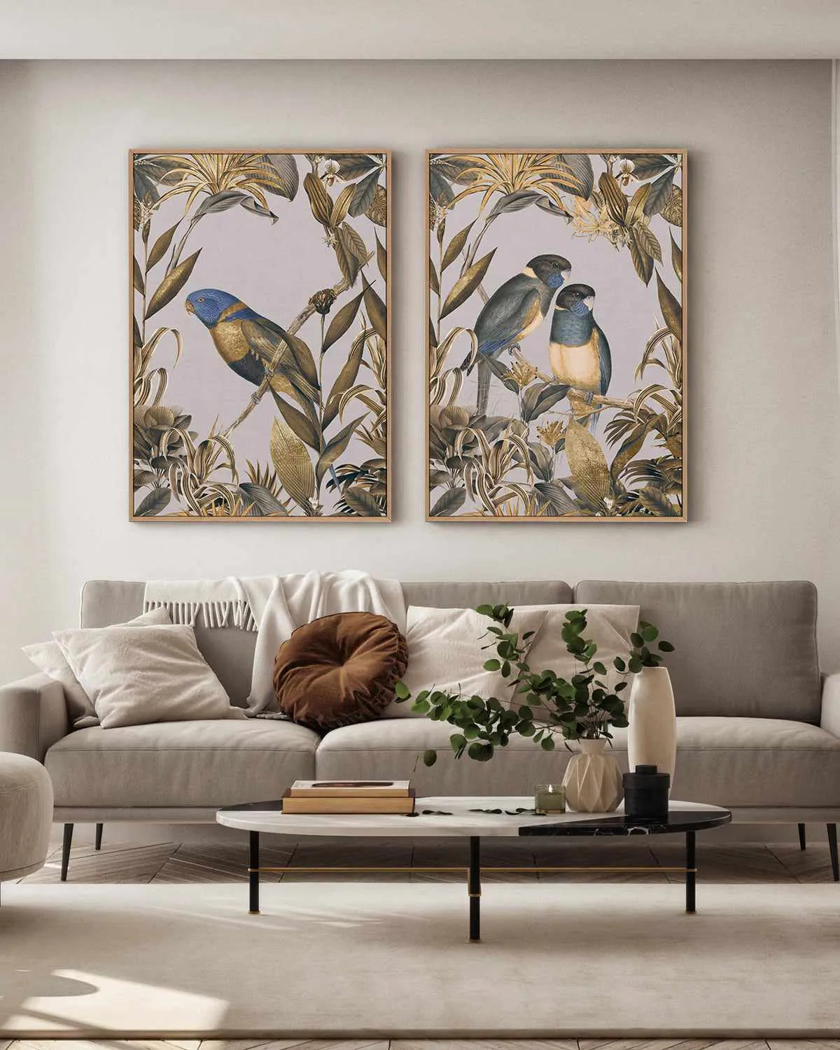 Golden Parakeet Paradise | Framed Canvas Art Print from Olive et Oriel where you can shop wallpaper and artworks online