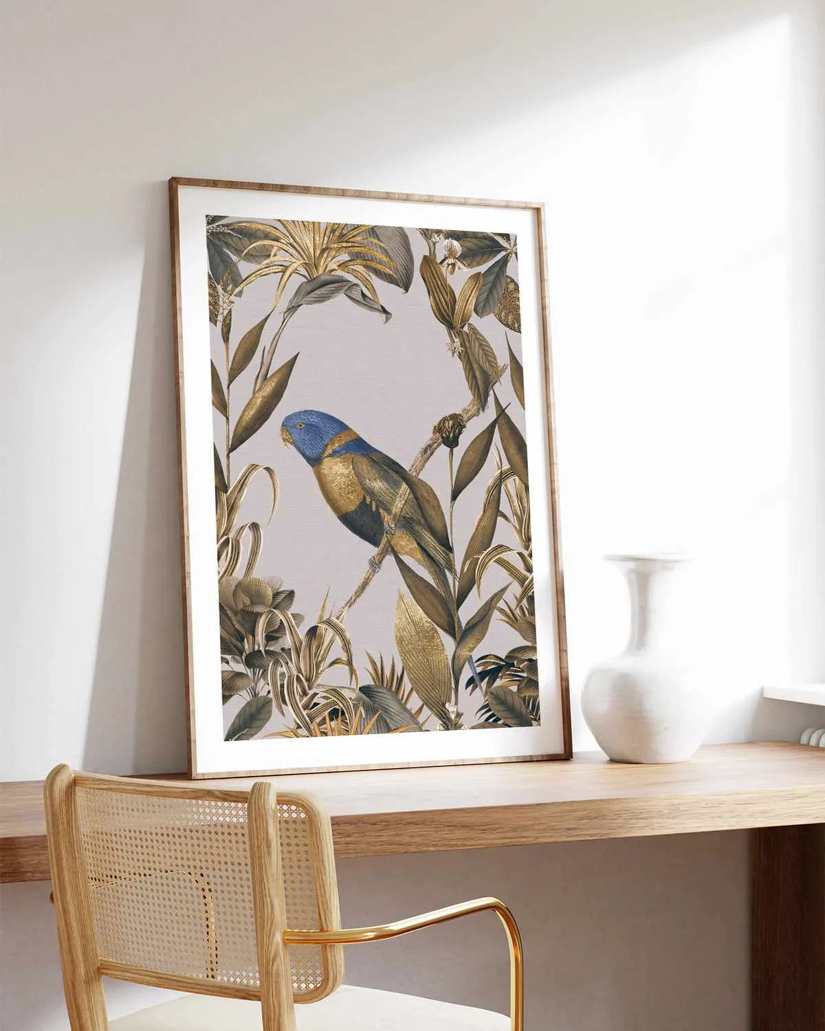 Golden Parakeet Paradise Art Print from Olive et Oriel where you can shop wallpaper and artworks online