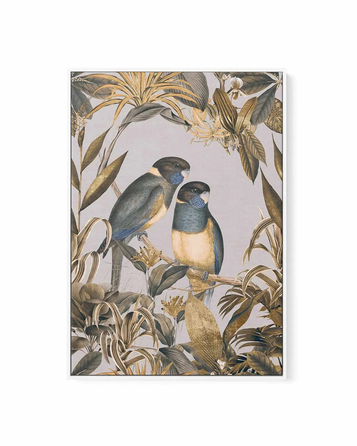 Golden Parakeets Exotic Island | Framed Canvas Art Print from Olive et Oriel where you can shop wallpaper and artworks online