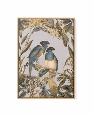 Golden Parakeets Exotic Island | Framed Canvas Art Print from Olive et Oriel where you can shop wallpaper and artworks online