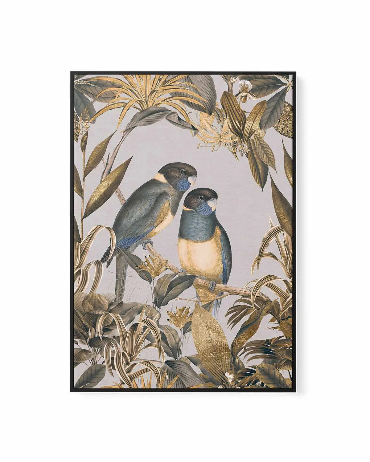 Golden Parakeets Exotic Island | Framed Canvas Art Print from Olive et Oriel where you can shop wallpaper and artworks online