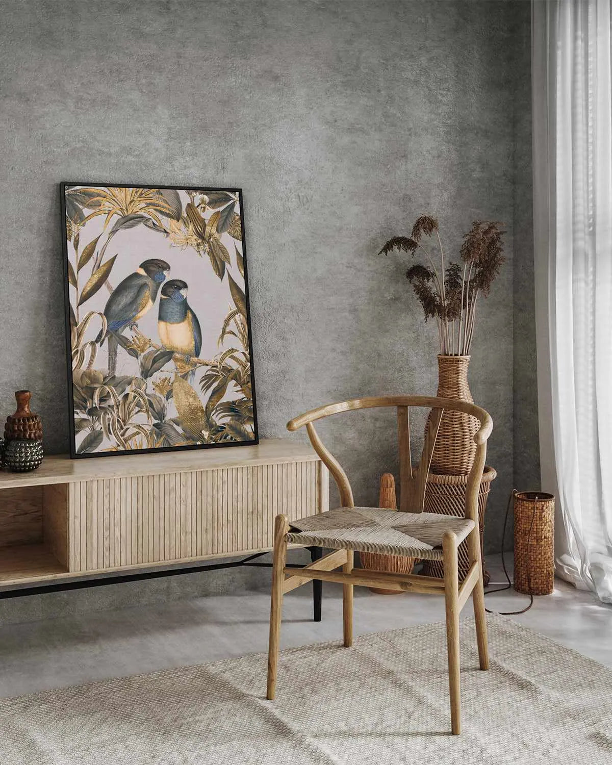 Golden Parakeets Exotic Island | Framed Canvas Art Print from Olive et Oriel where you can shop wallpaper and artworks online