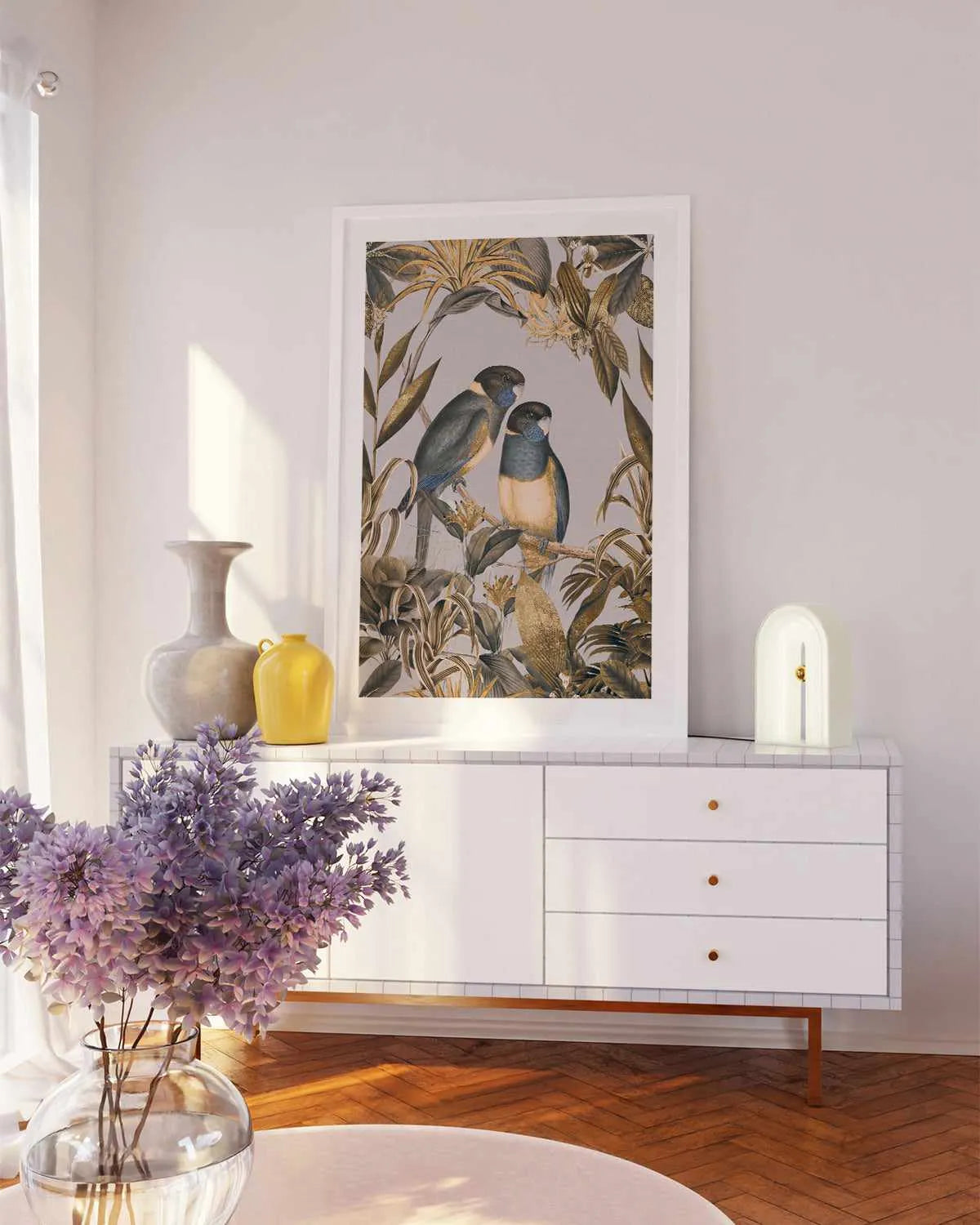 Golden Parakeets Exotic Island Art Print from Olive et Oriel where you can shop wallpaper and artworks online
