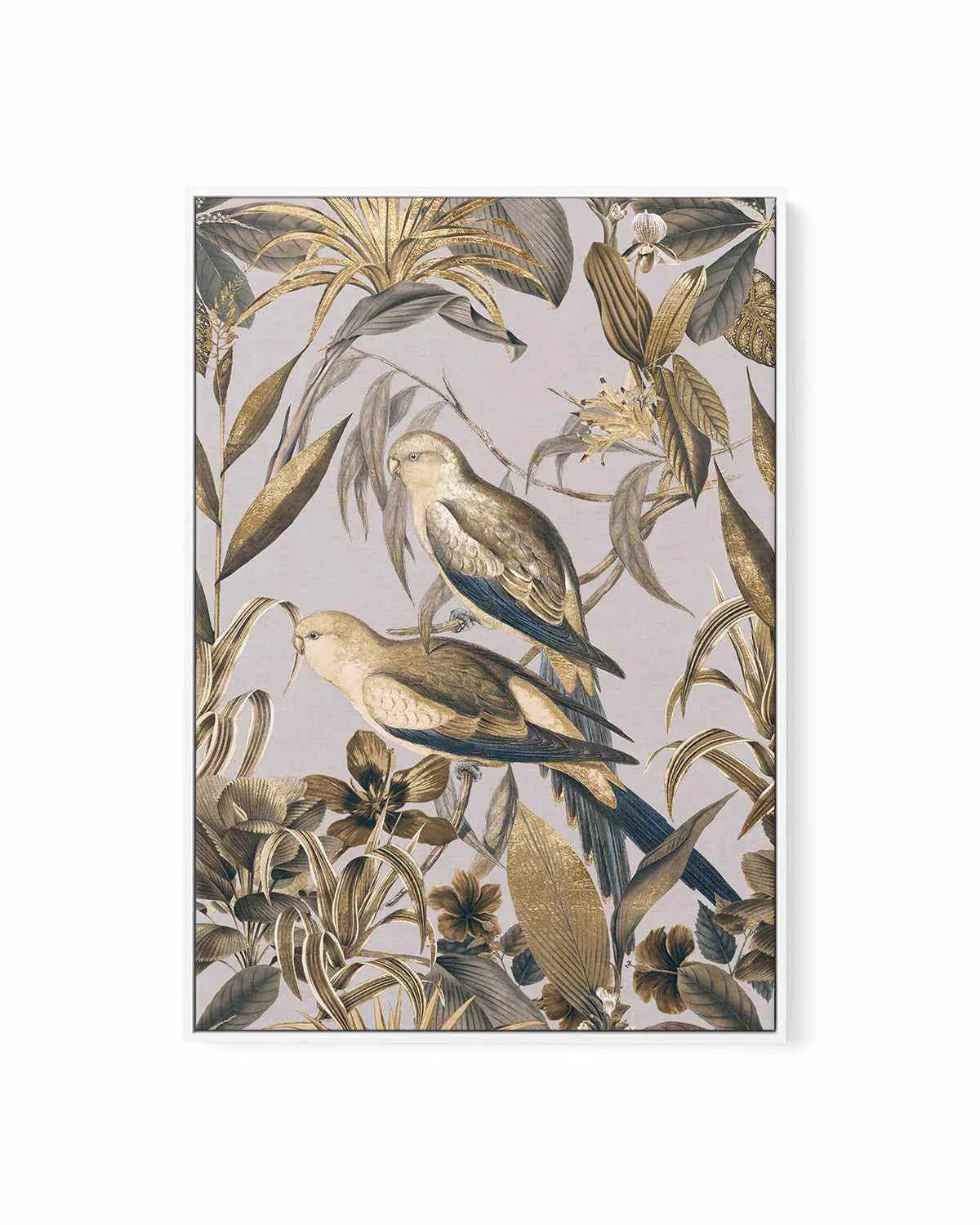 Golden Parakeets Tropical Jungle | Framed Canvas Art Print from Olive et Oriel where you can shop wallpaper and artworks online