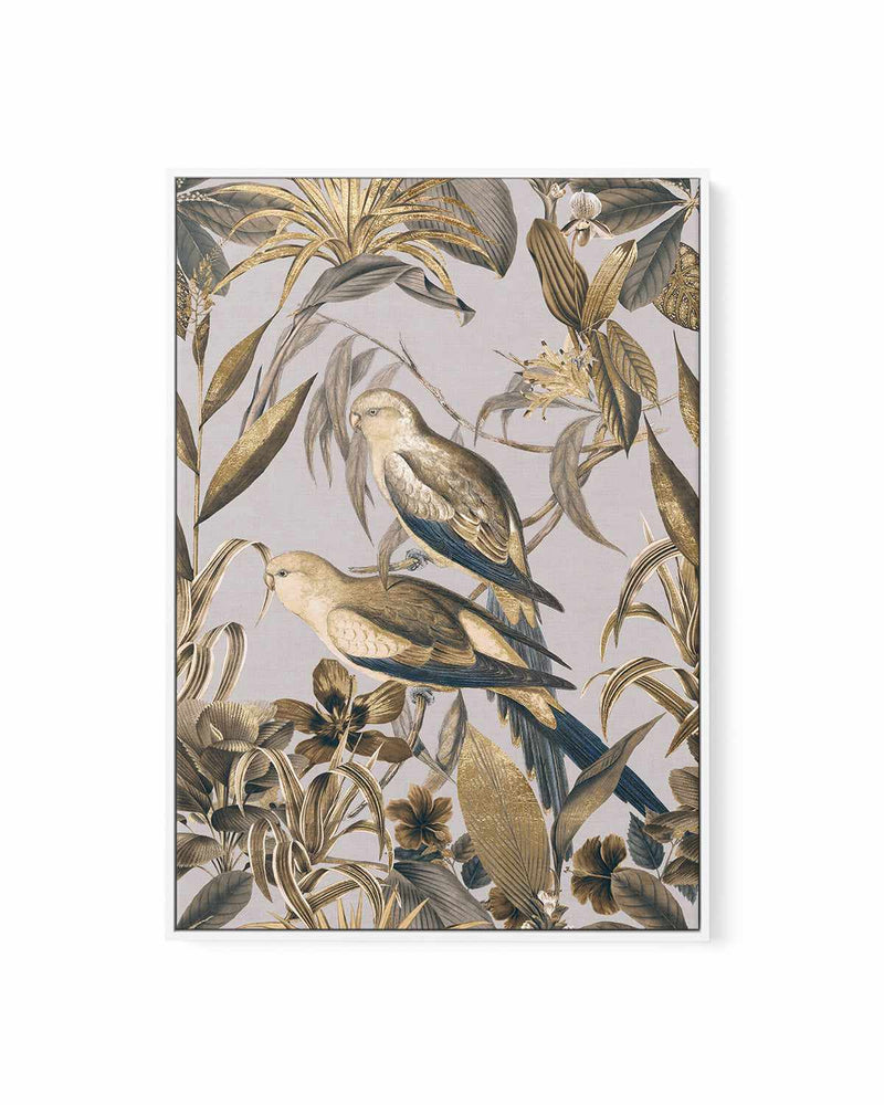 Golden Parakeets Tropical Jungle | Framed Canvas Art Print