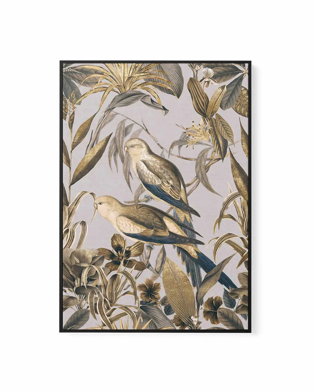 Golden Parakeets Tropical Jungle | Framed Canvas Art Print from Olive et Oriel where you can shop wallpaper and artworks online