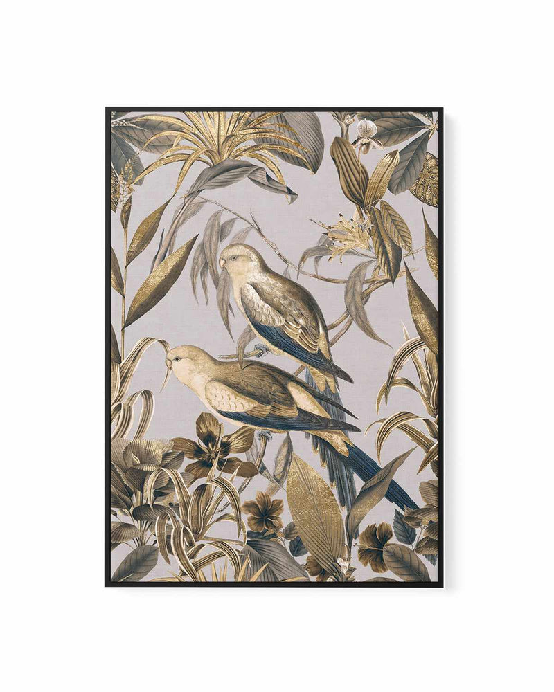 Golden Parakeets Tropical Jungle | Framed Canvas Art Print