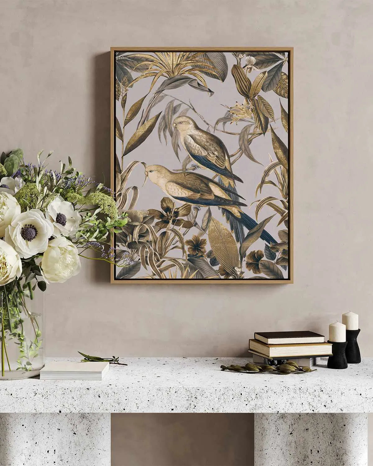 Golden Parakeets Tropical Jungle | Framed Canvas Art Print from Olive et Oriel where you can shop wallpaper and artworks online