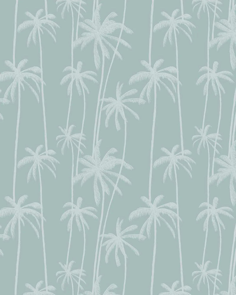 Peel and stick wallpaper featuring a repeating pattern of hand-drawn palm trees in a light, muted blue-grey on a soft, pale teal background. The design has a sketched, illustrative quality with visible line texture, depicting palms of varying heights and frond sizes.