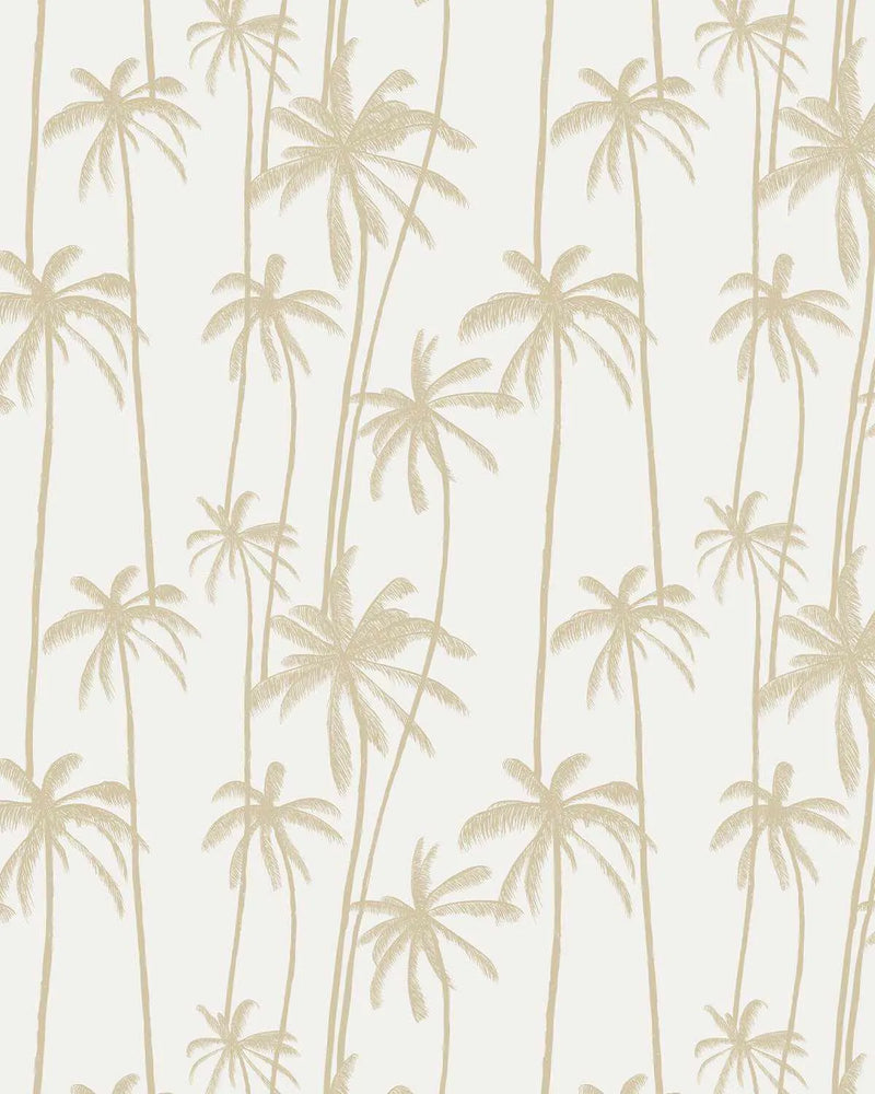 Peel and stick wallpaper featuring a repeating pattern of hand-drawn palm trees in a bronzed beige hue on a soft white background. The design has a loose, organic illustrative quality with visible line texture, depicting palm fronds and trunks of varying heights and angles.