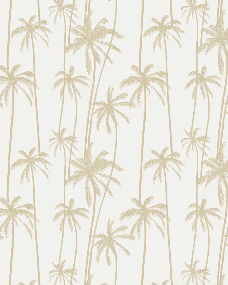 Peel and stick wallpaper featuring a repeating pattern of hand-drawn palm trees in a bronzed beige hue on a soft white background. The design has a loose, organic illustrative quality with visible line texture, depicting palm fronds and trunks of varying heights and angles.