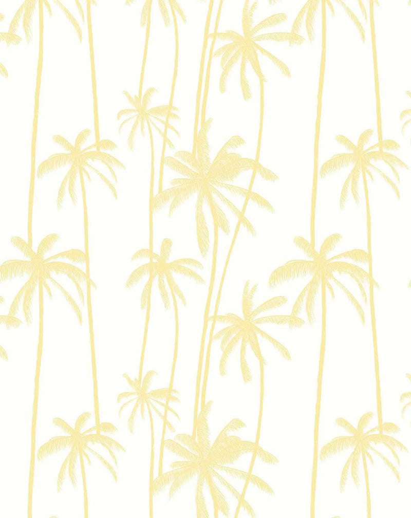 Peel and stick wallpaper featuring a repeating pattern of hand-drawn palm trees in a soft lemon yellow against a clean white background. The design includes various palm tree heights and leaf styles, creating a tropical and airy feel.