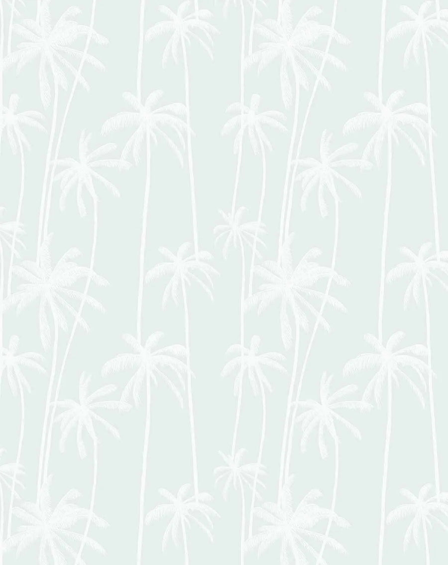 Peel and stick wallpaper featuring a repeating pattern of hand-drawn palm trees in white on a soft sage green background. The tropical design has a clean, minimalist illustration quality with varying palm heights and leaf textures.