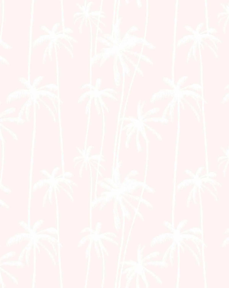 Peel and stick wallpaper featuring a repeating pattern of hand-drawn palm trees in soft white on a pale pink background. The design has a delicate, illustrative quality with fine line work depicting the fronds and trunks of the palm trees.