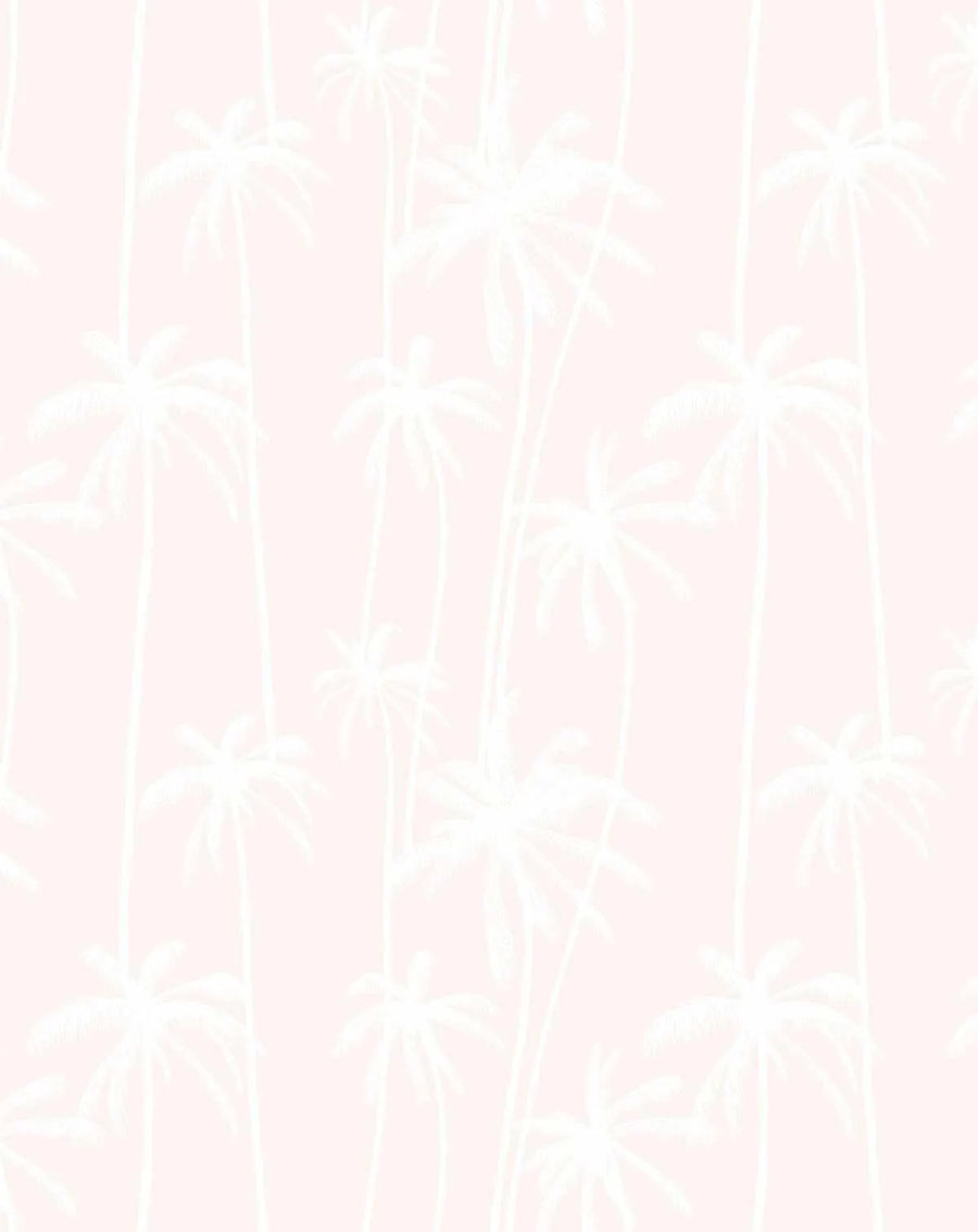 Peel and stick wallpaper featuring a repeating pattern of hand-drawn palm trees in soft white on a pale pink background. The design has a delicate, illustrative quality with fine line work depicting the fronds and trunks of the palm trees.