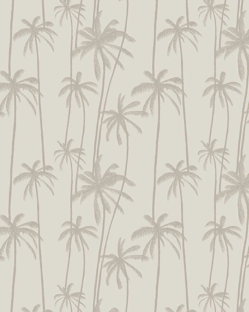 Peel and stick wallpaper featuring a repeating pattern of hand-drawn palm trees in a muted taupe-grey on a soft, warm off-white background. The design has a sketched, illustrative quality with varying palm tree heights and angles, creating a natural, organic feel.