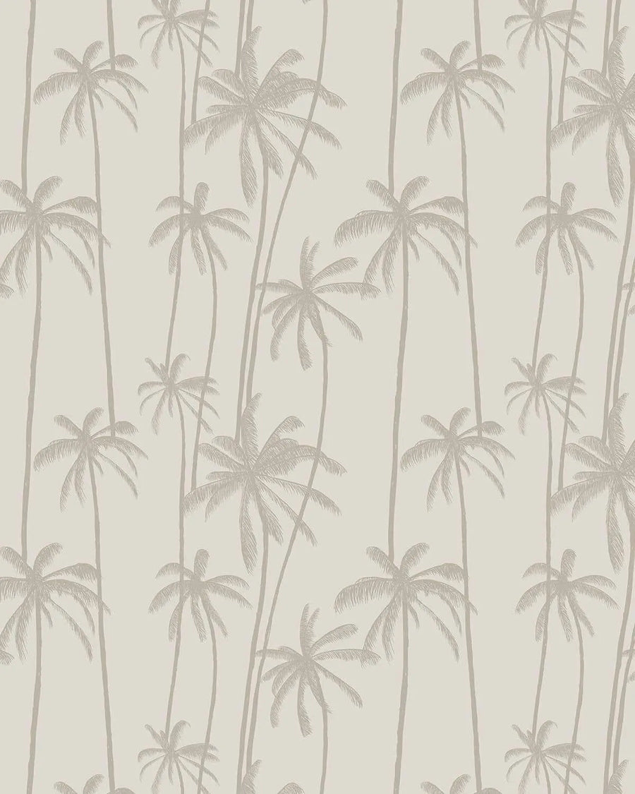 Peel and stick wallpaper featuring a repeating pattern of hand-drawn palm trees in a muted taupe-grey on a soft, warm off-white background. The design has a sketched, illustrative quality with varying palm tree heights and angles, creating a natural, organic feel.