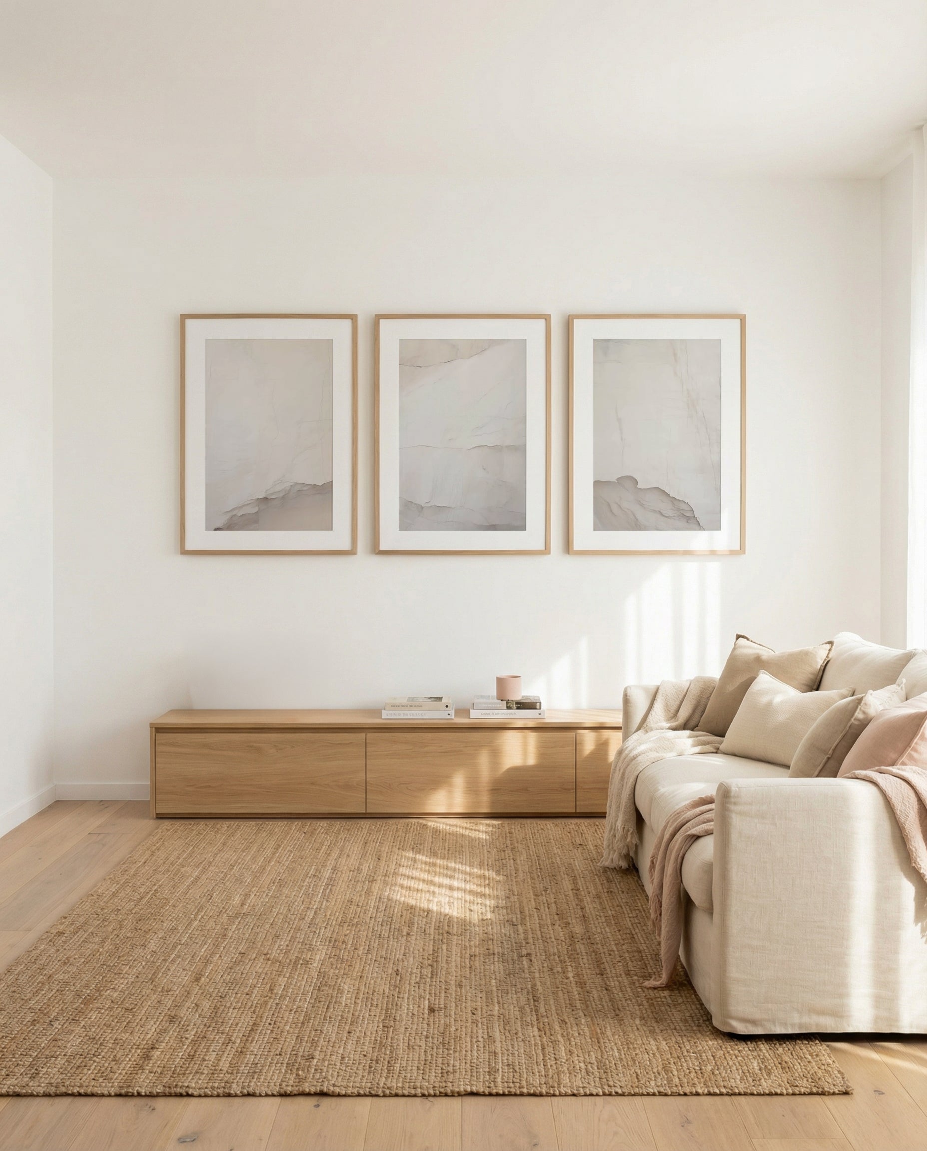 Graphic Cliff I, II & III | 3 Piece Wall Art Set in Beige abstract art print oak frame with white border