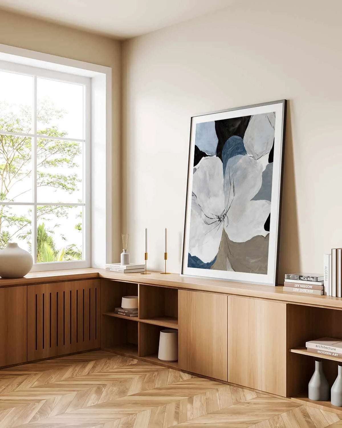 Grey Flowers II Art Print from Olive et Oriel where you can shop wallpaper and artworks online