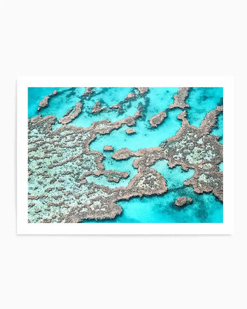 Aerial photography art print of the Great Barrier Reef, featuring intricate coral formations in shades of light brown and grey, surrounded by vibrant turquoise and deep blue ocean water. The composition captures the natural patterns and textures of the reef from above.
