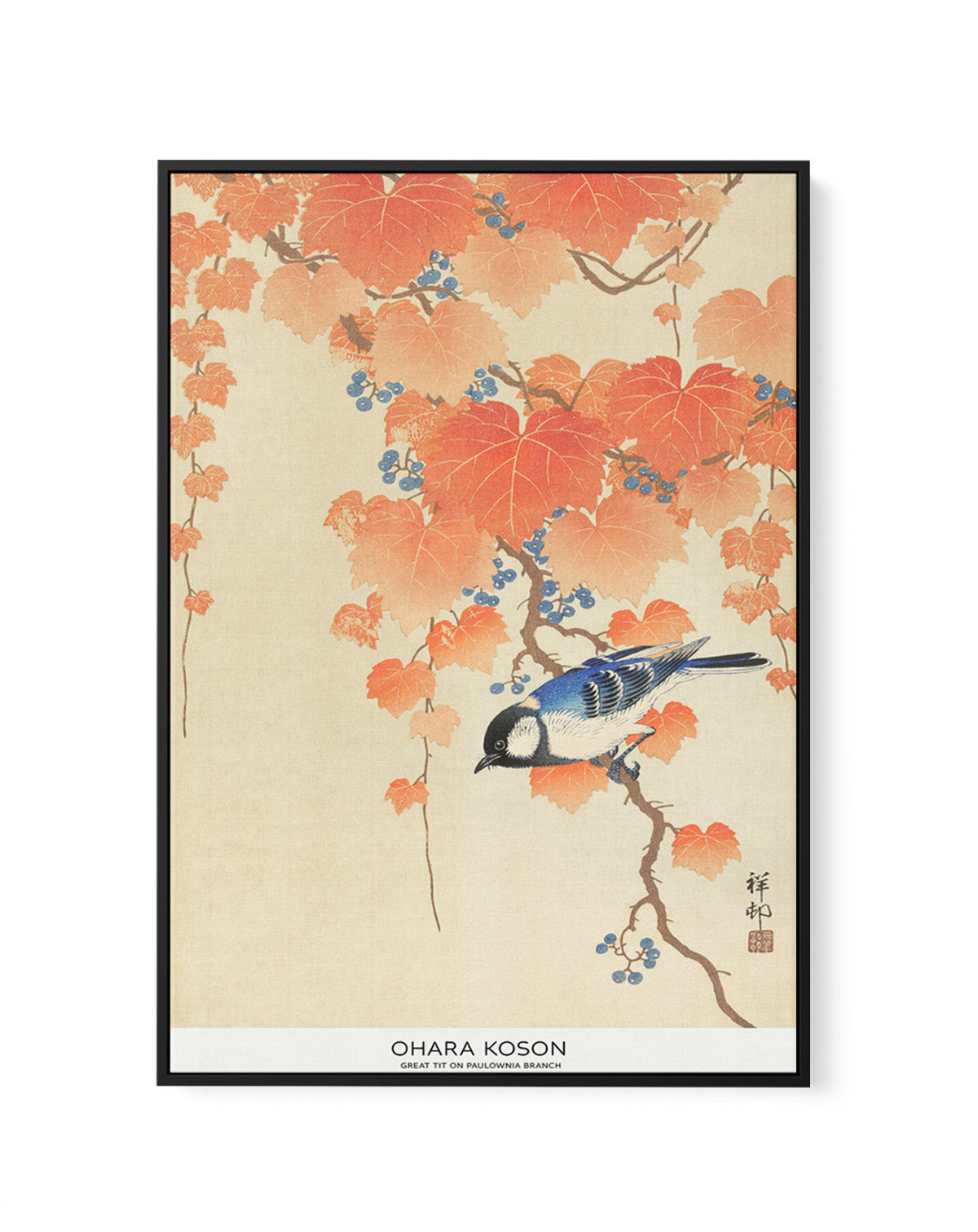 Great Tit On Paulownia Branch | Framed Canvas Art Print
